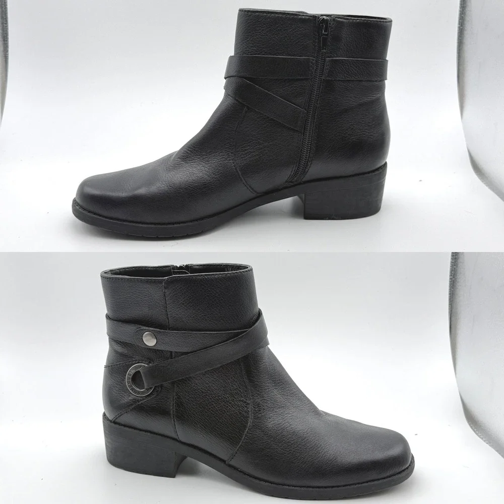 Anne Klein  Black‎ Leather Ankle Boots Womens 8M Low Block Heel Zip Bootie